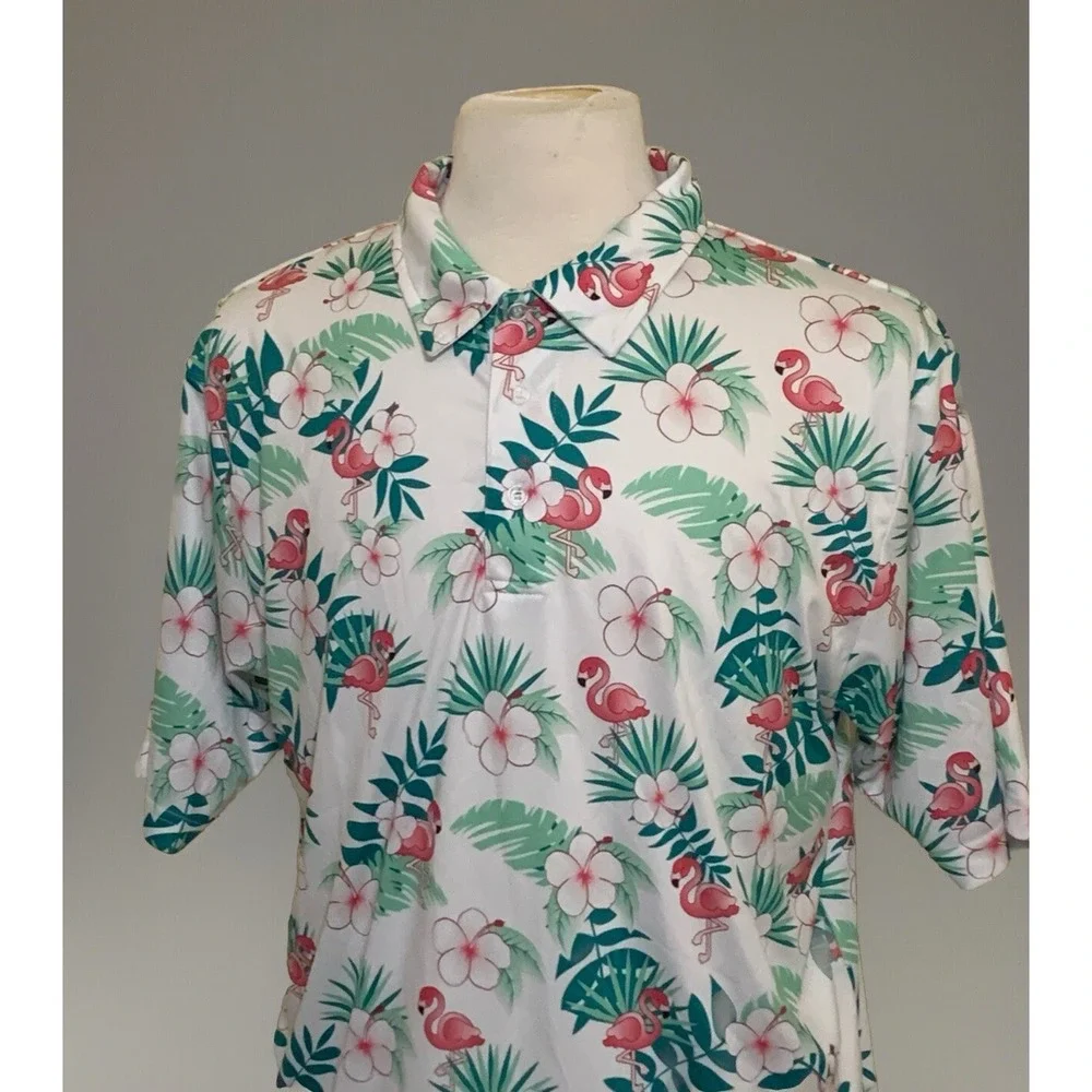 EVERSOLE Golf Polo Shirt Mens Size Large Pink Flamingo Flower Multi Color
